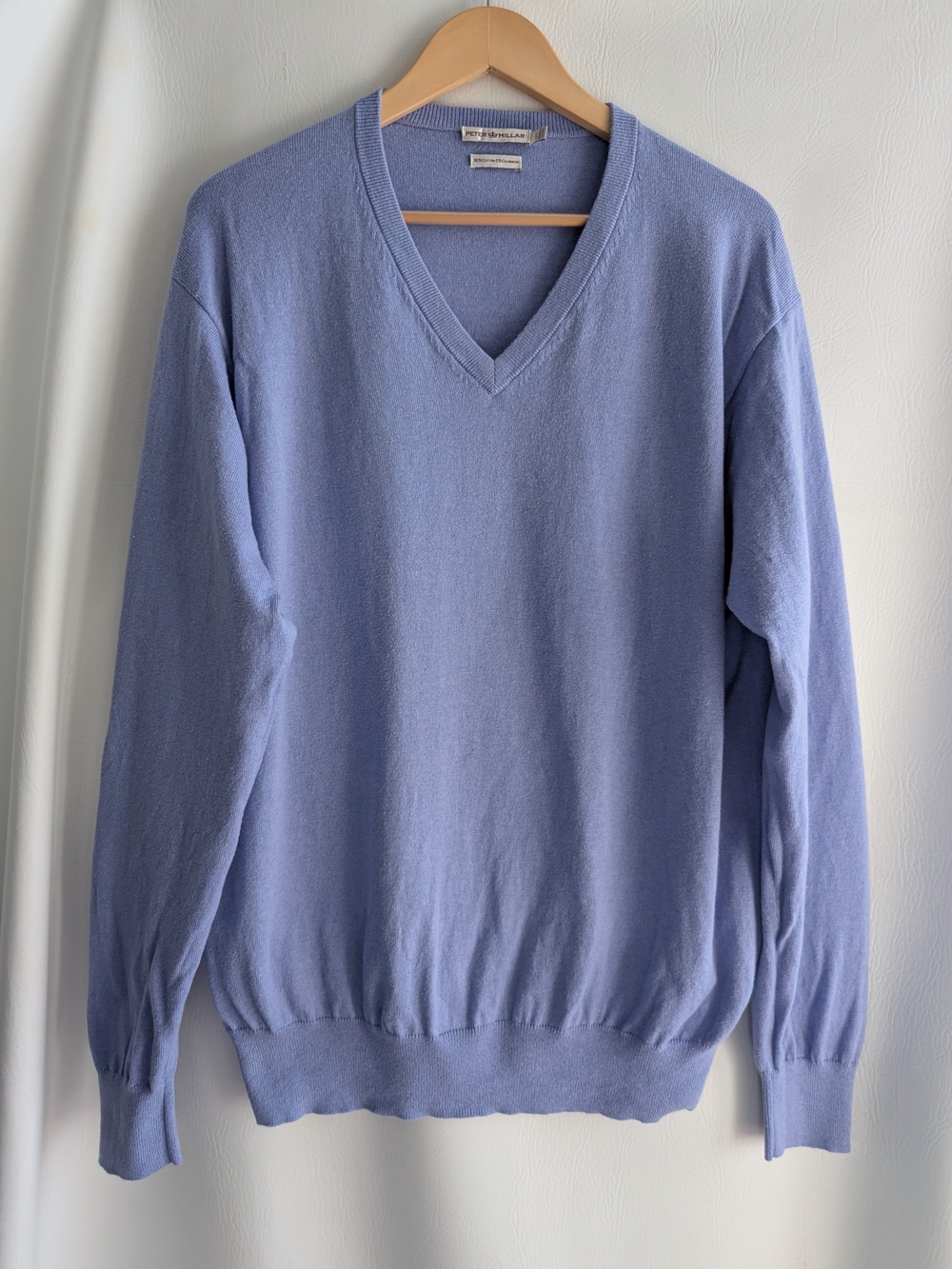 Peter Millar Cotton Cashmere Lavender-Blue V-Neck Sweater - L